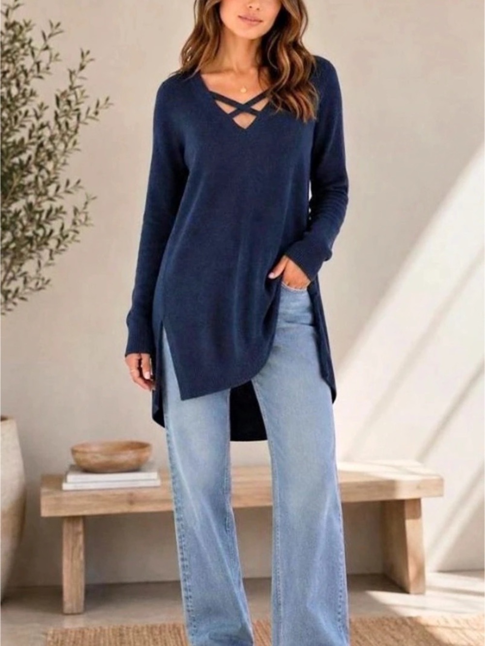 Free People Criss Cross V-Neck Tunic Sweater Blue Medium